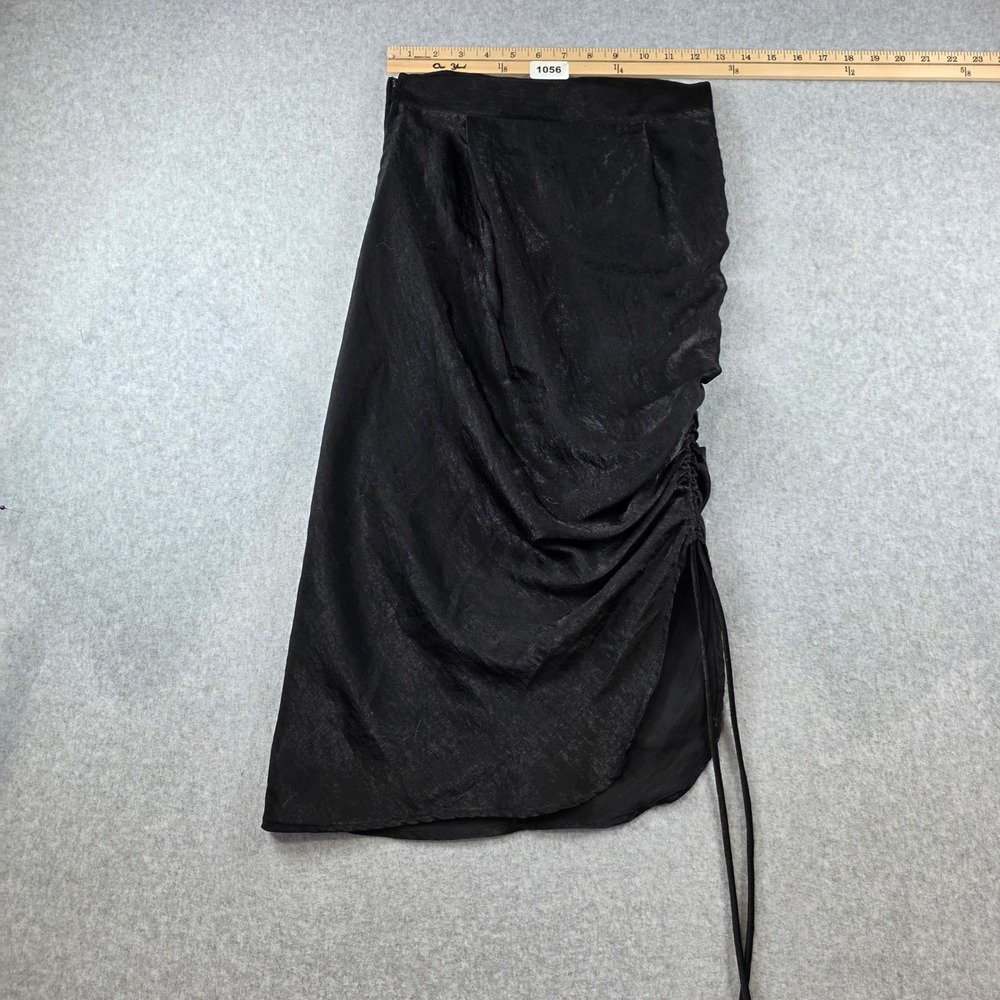 Charlotte Russe Black Ruched Midi Skirt Womens XS Satin Draped Asymmetrical Slit